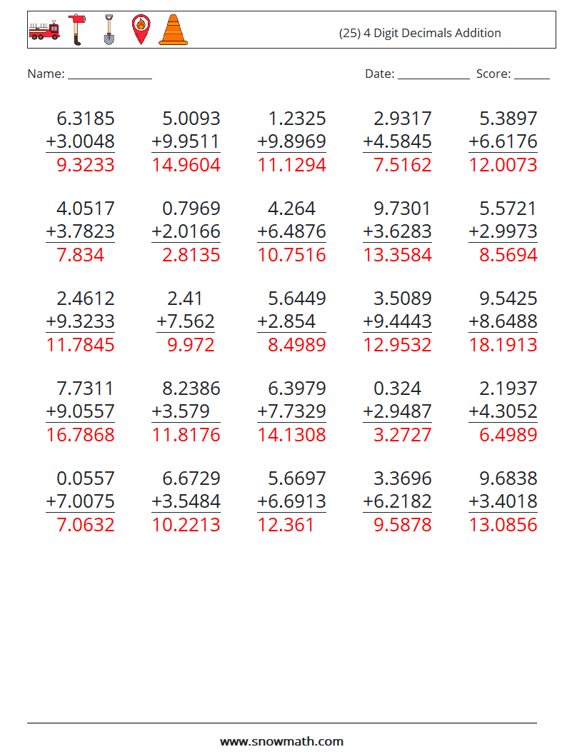 (25) 4 Digit Decimals Addition Maths Worksheets 16 Question, Answer
