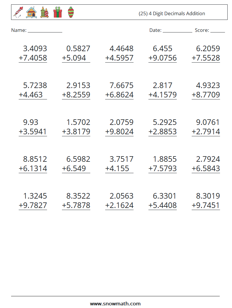 (25) 4 Digit Decimals Addition Maths Worksheets 18