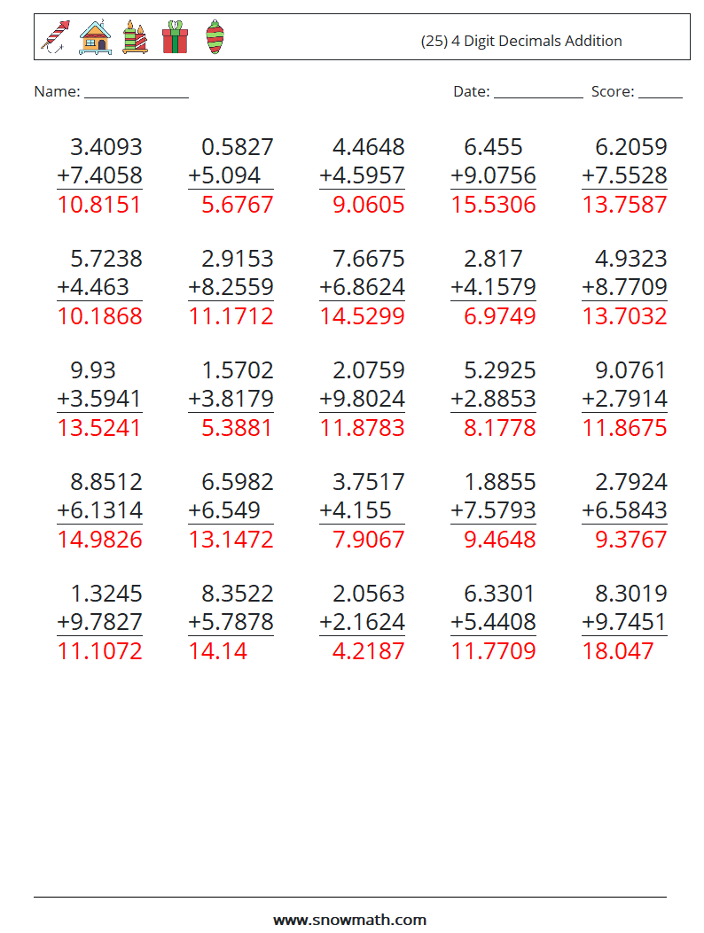 (25) 4 Digit Decimals Addition Maths Worksheets 18 Question, Answer