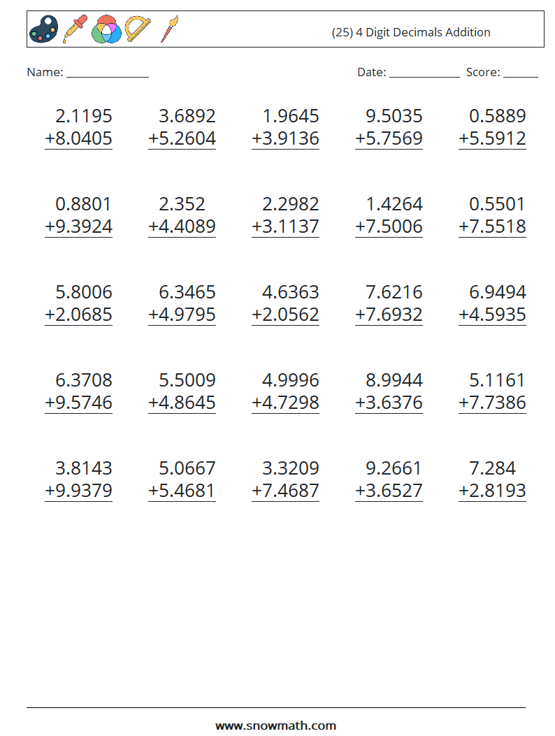 (25) 4 Digit Decimals Addition Maths Worksheets 2