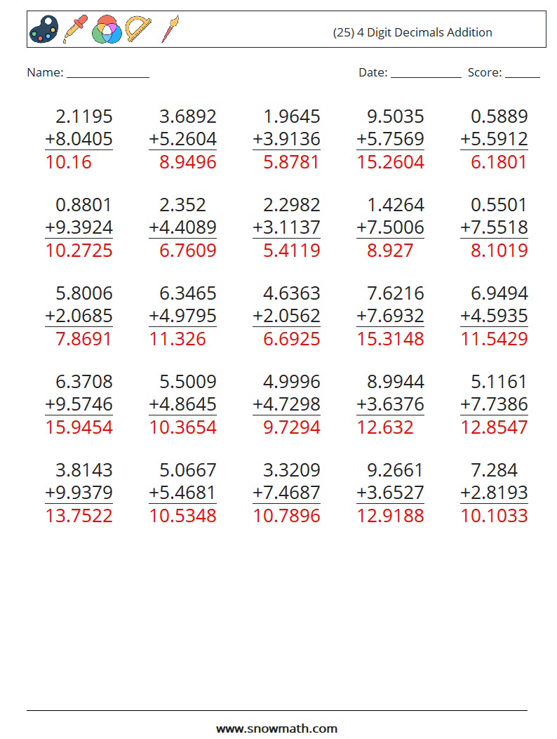 (25) 4 Digit Decimals Addition Maths Worksheets 2 Question, Answer