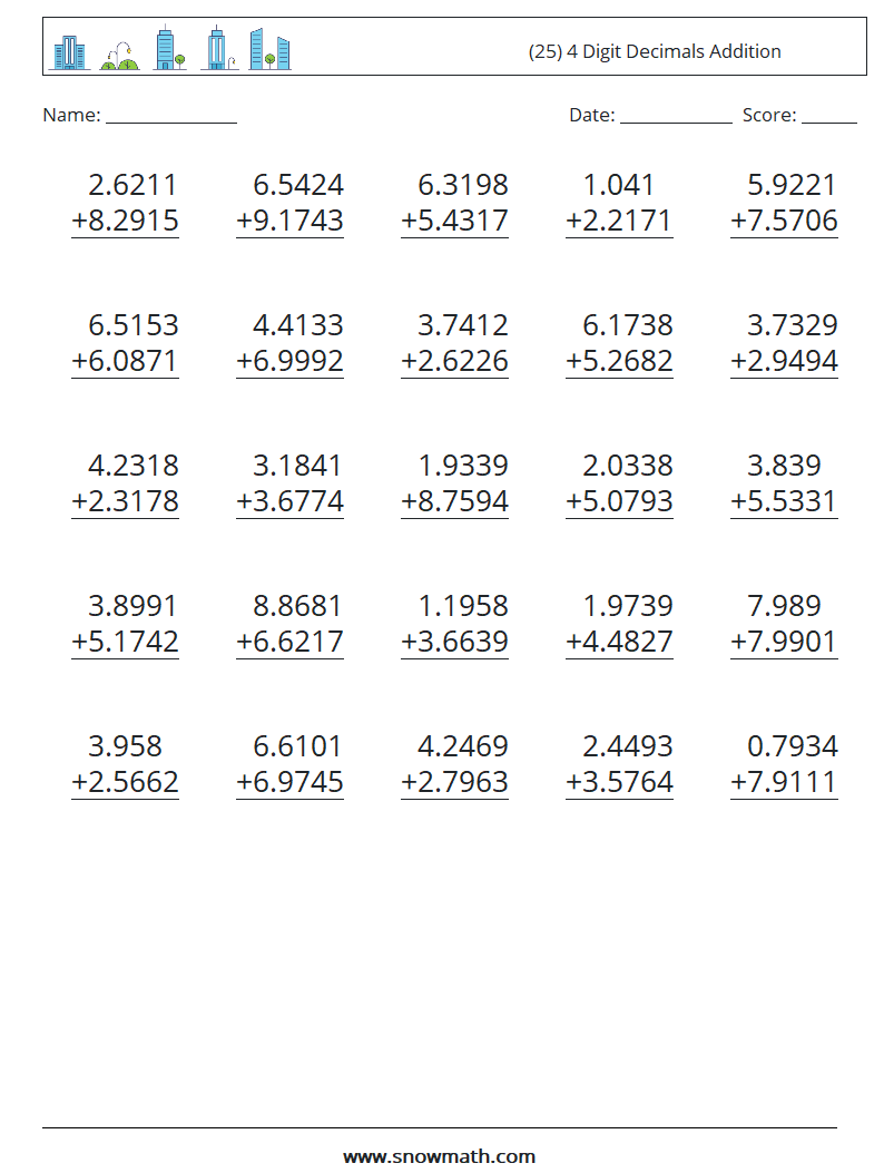 (25) 4 Digit Decimals Addition Maths Worksheets 4