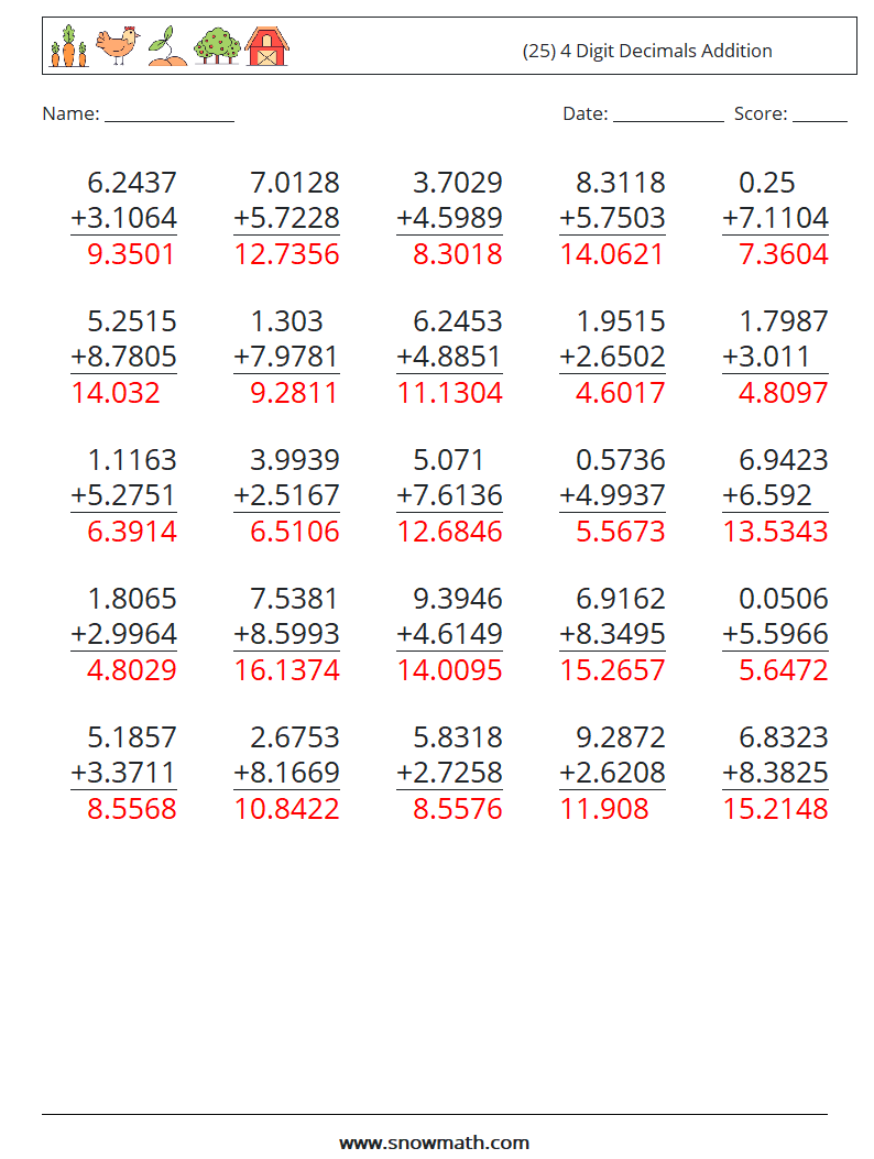 (25) 4 Digit Decimals Addition Maths Worksheets 5 Question, Answer