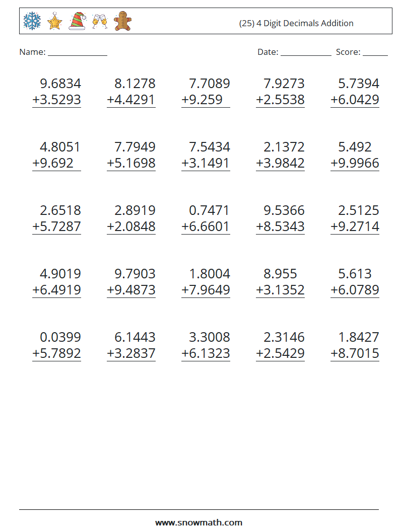 (25) 4 Digit Decimals Addition Maths Worksheets 6