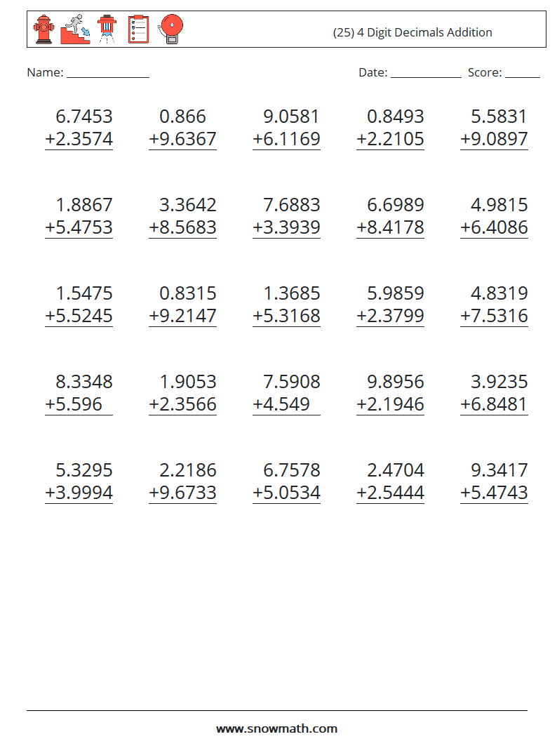 (25) 4 Digit Decimals Addition Maths Worksheets 7