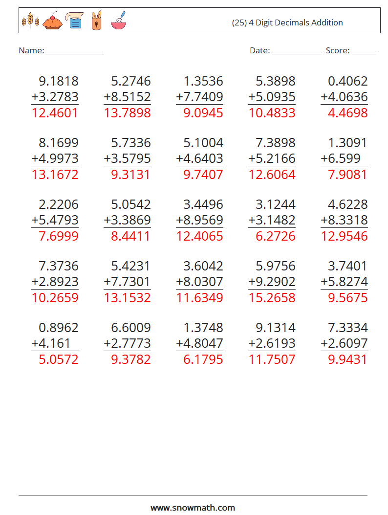 (25) 4 Digit Decimals Addition Maths Worksheets 8 Question, Answer