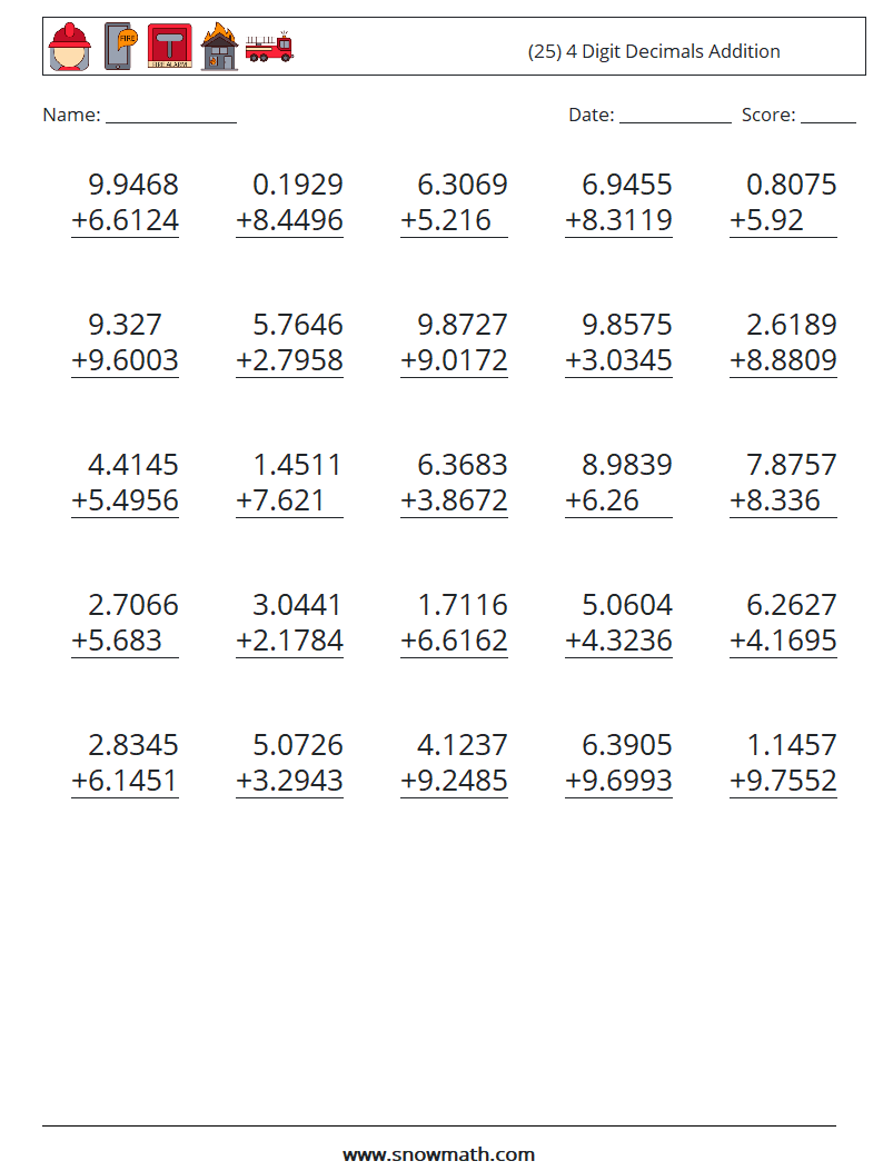 (25) 4 Digit Decimals Addition Maths Worksheets 9