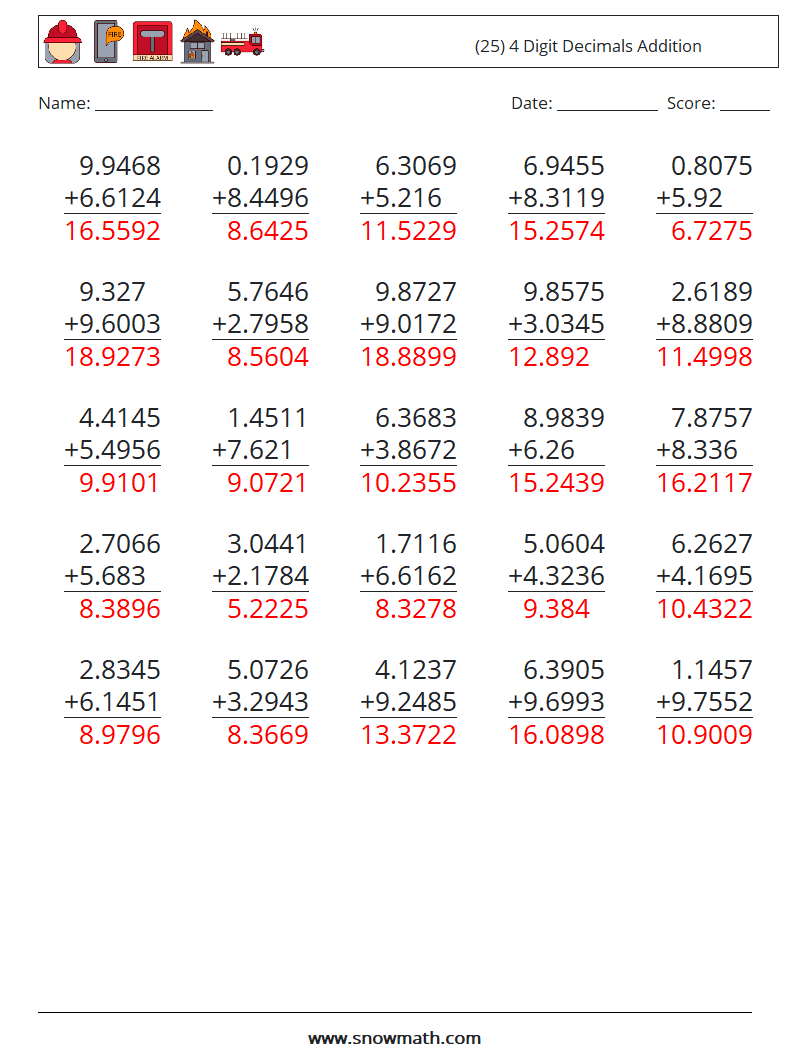 (25) 4 Digit Decimals Addition Maths Worksheets 9 Question, Answer