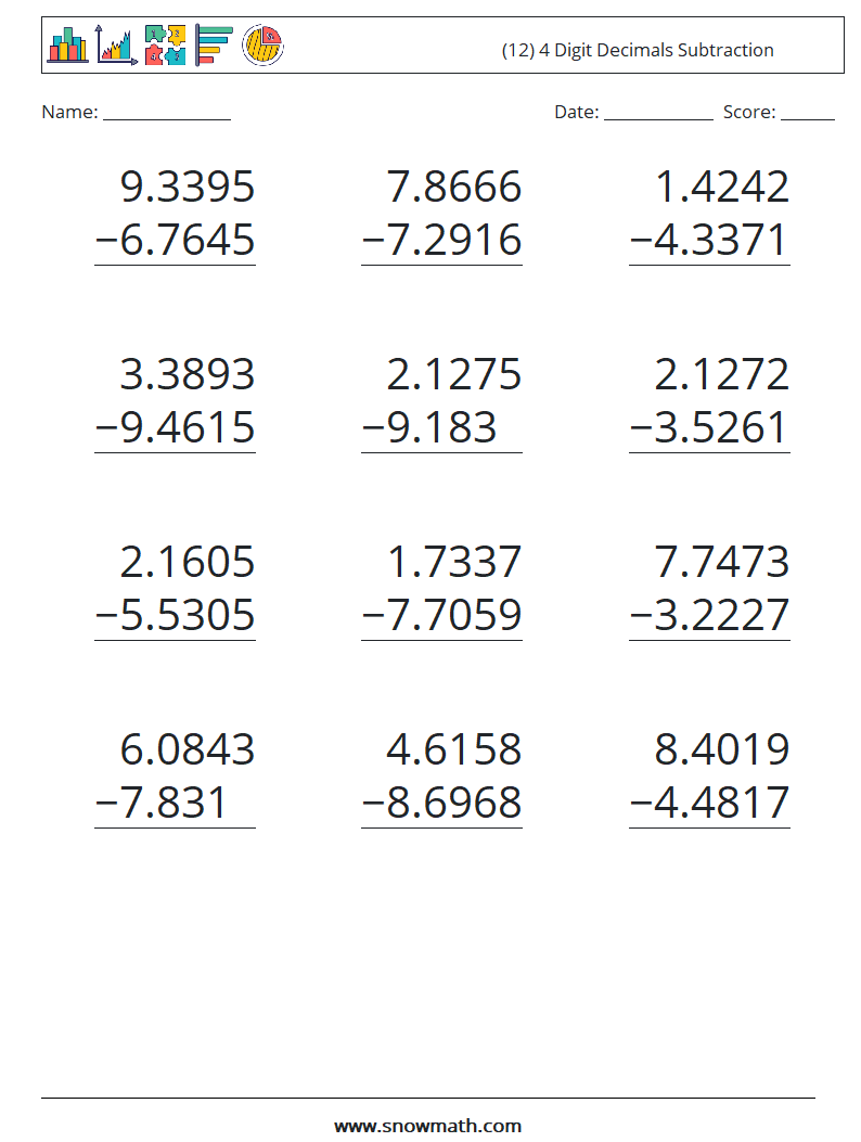 (12) 4 Digit Decimals Subtraction Maths Worksheets 1