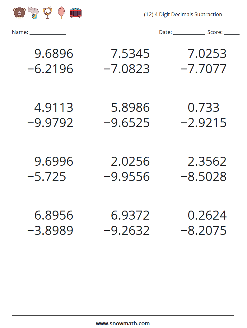 (12) 4 Digit Decimals Subtraction Maths Worksheets 10