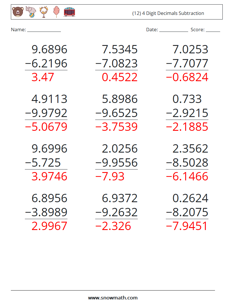 (12) 4 Digit Decimals Subtraction Maths Worksheets 10 Question, Answer