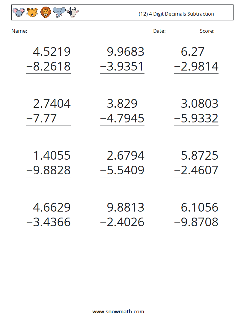 (12) 4 Digit Decimals Subtraction Maths Worksheets 12