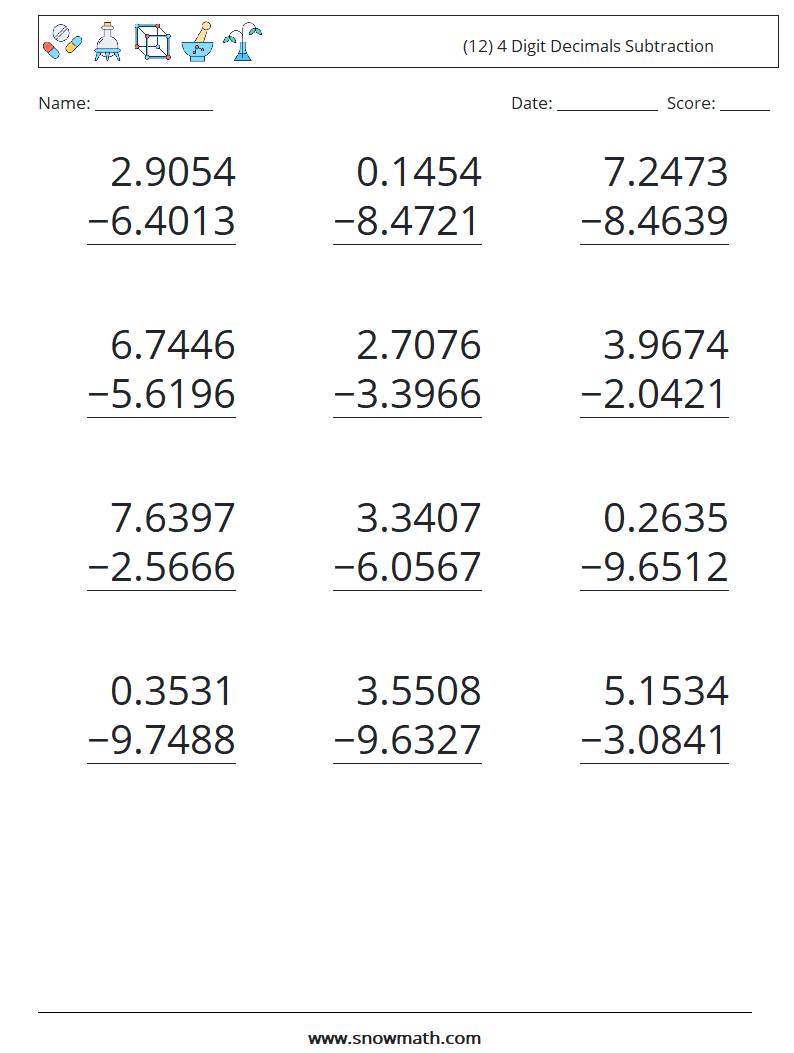 (12) 4 Digit Decimals Subtraction Maths Worksheets 13