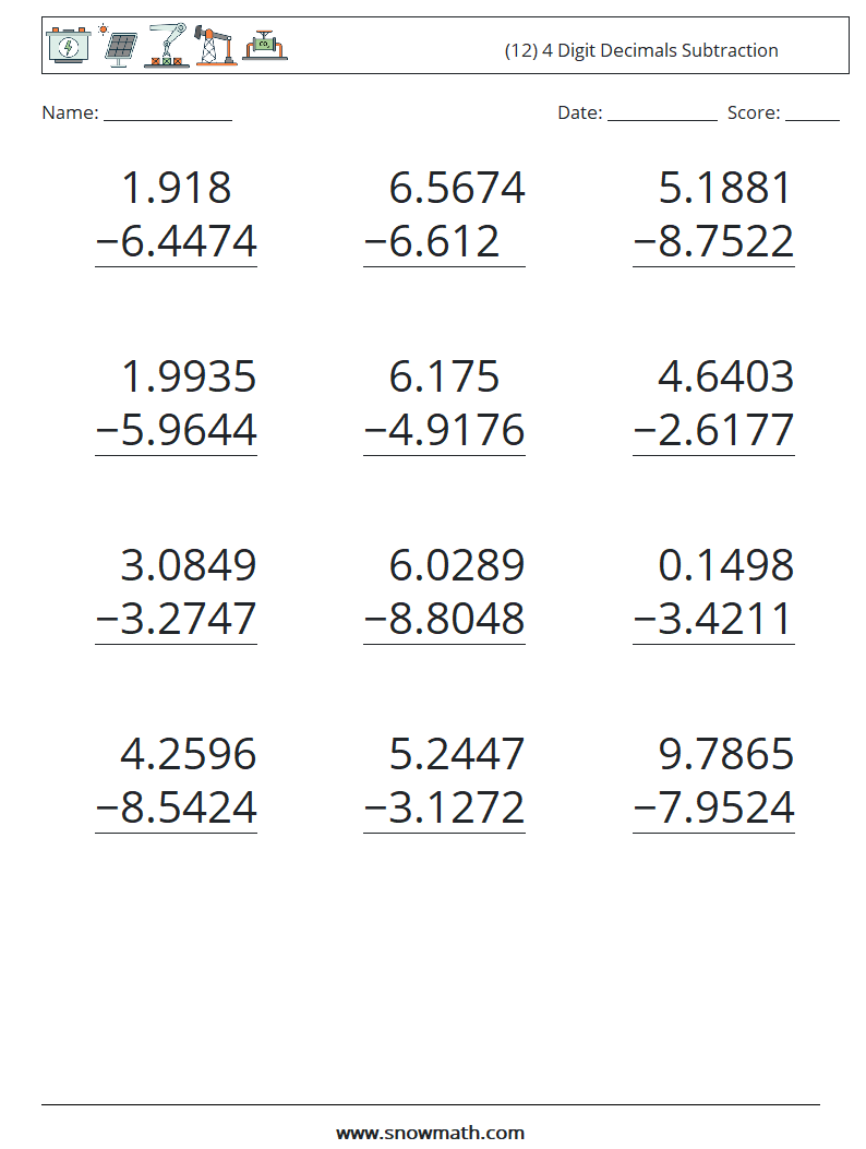 (12) 4 Digit Decimals Subtraction Maths Worksheets 15