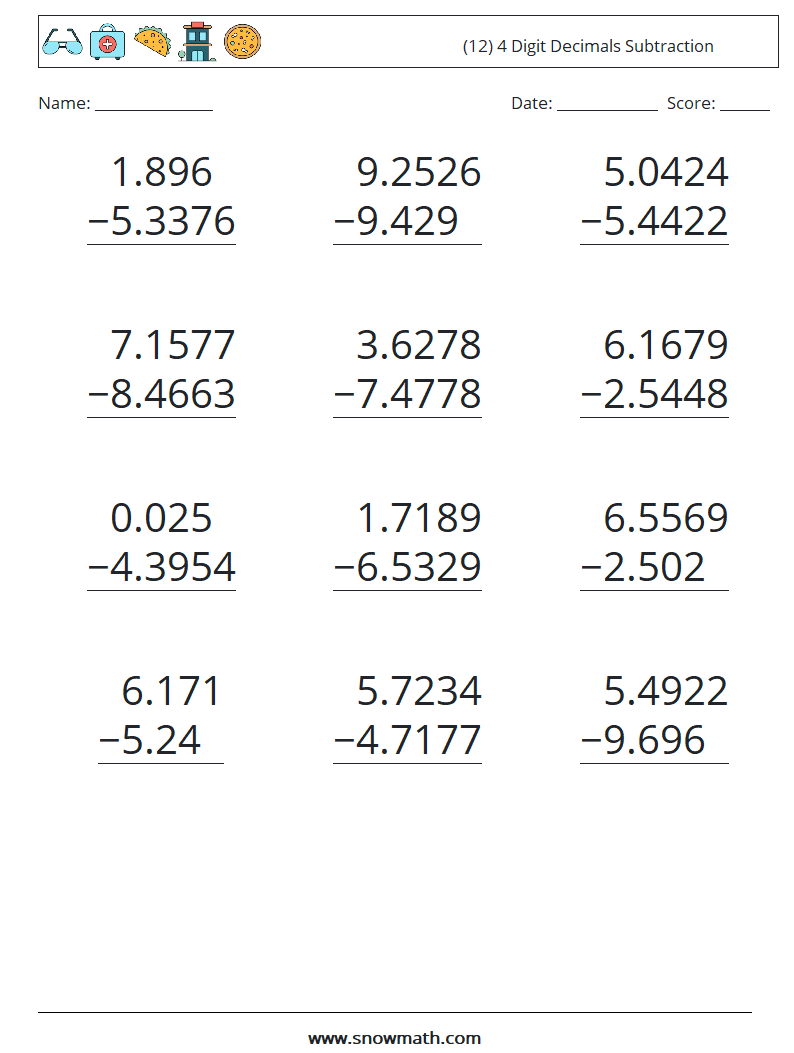 (12) 4 Digit Decimals Subtraction Maths Worksheets 16