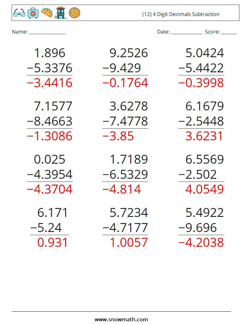 (12) 4 Digit Decimals Subtraction Maths Worksheets 16 Question, Answer