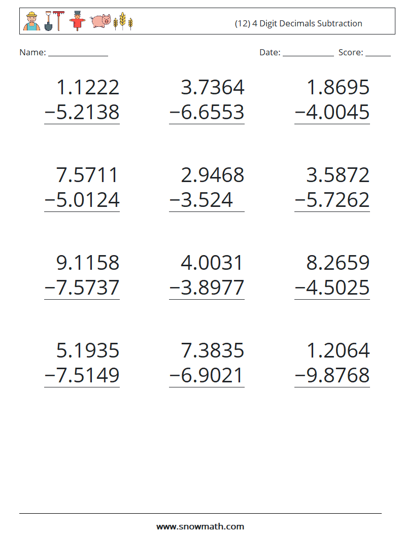 (12) 4 Digit Decimals Subtraction Maths Worksheets 17