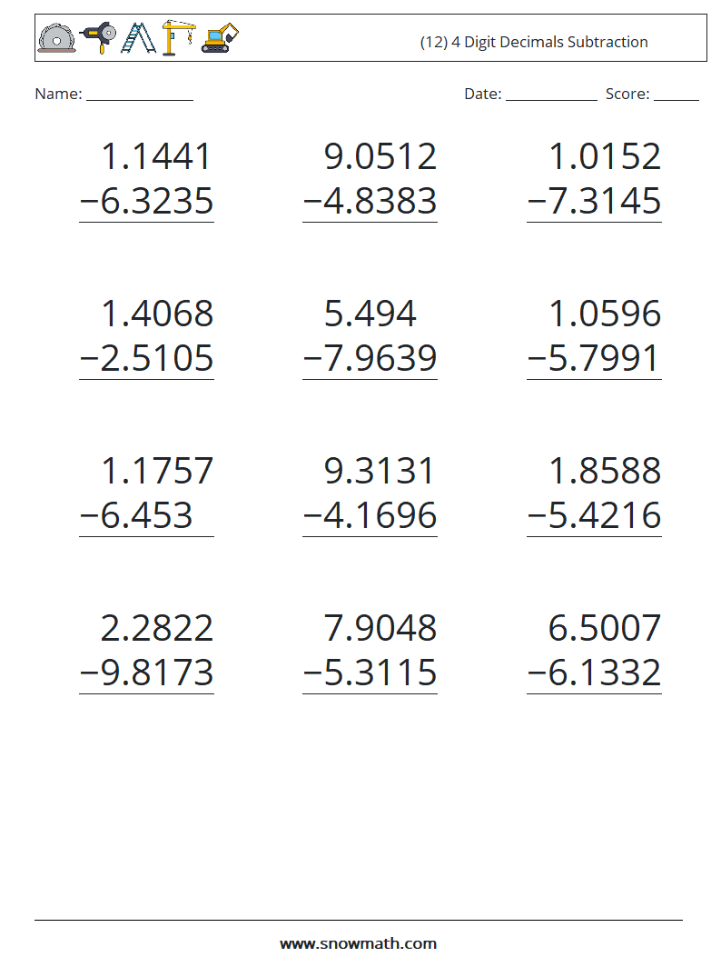 (12) 4 Digit Decimals Subtraction Maths Worksheets 18