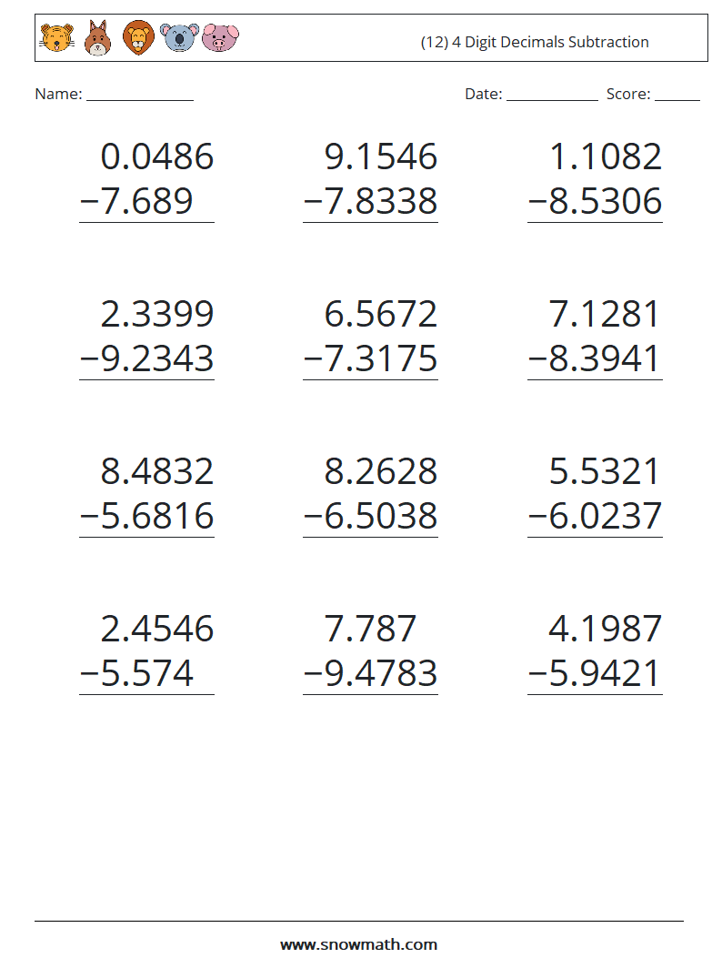 (12) 4 Digit Decimals Subtraction Maths Worksheets 2