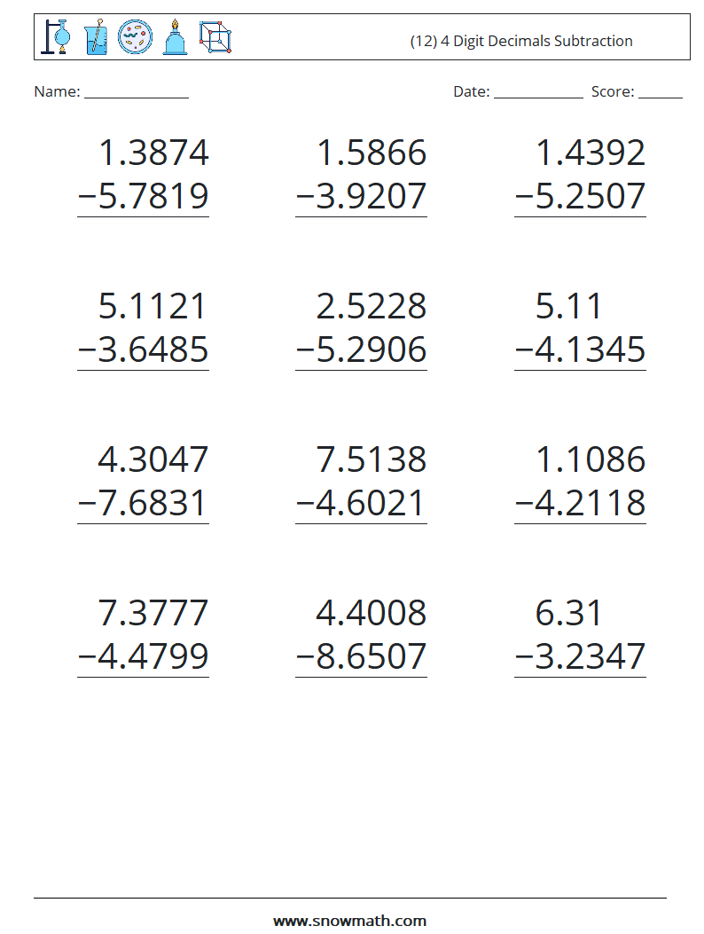 (12) 4 Digit Decimals Subtraction Maths Worksheets 3