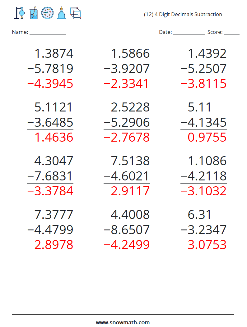 (12) 4 Digit Decimals Subtraction Maths Worksheets 3 Question, Answer
