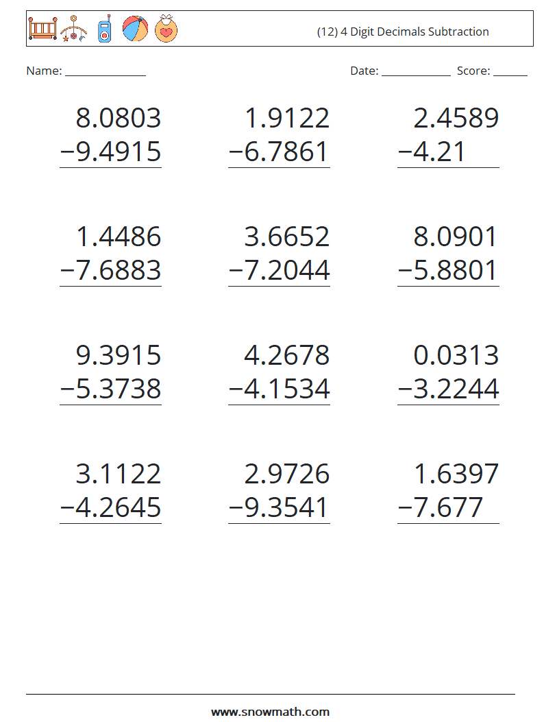 (12) 4 Digit Decimals Subtraction Maths Worksheets 4