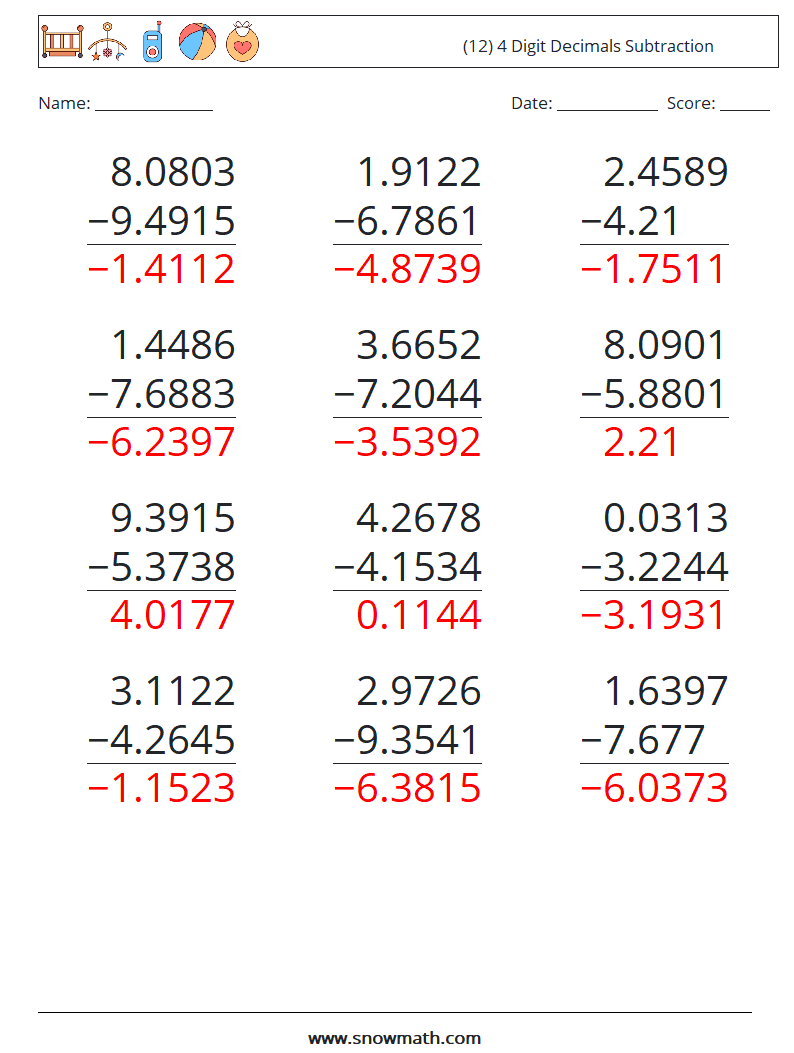 (12) 4 Digit Decimals Subtraction Maths Worksheets 4 Question, Answer