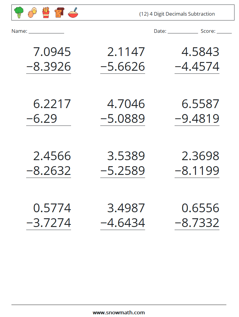 (12) 4 Digit Decimals Subtraction Maths Worksheets 5