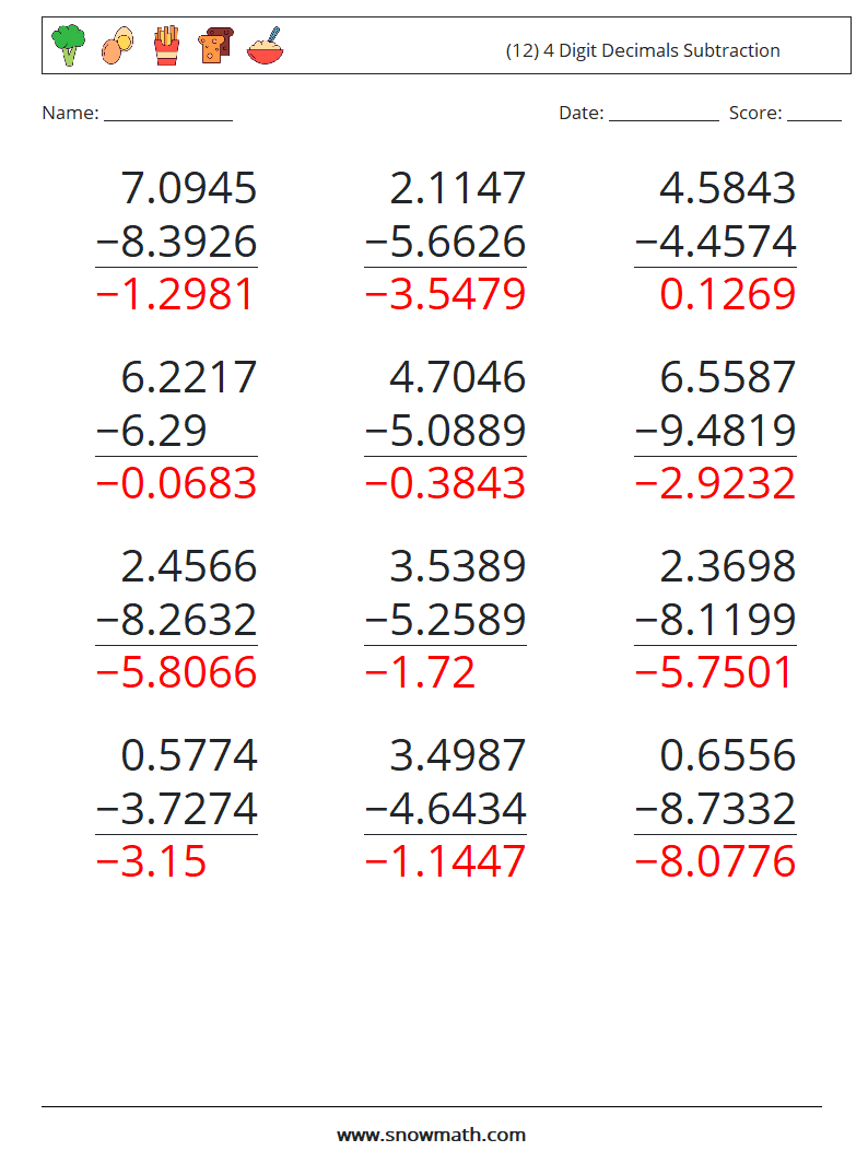 (12) 4 Digit Decimals Subtraction Maths Worksheets 5 Question, Answer