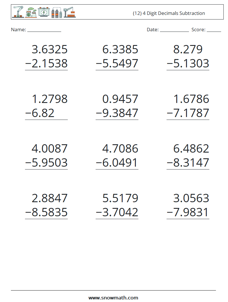 (12) 4 Digit Decimals Subtraction Maths Worksheets 7