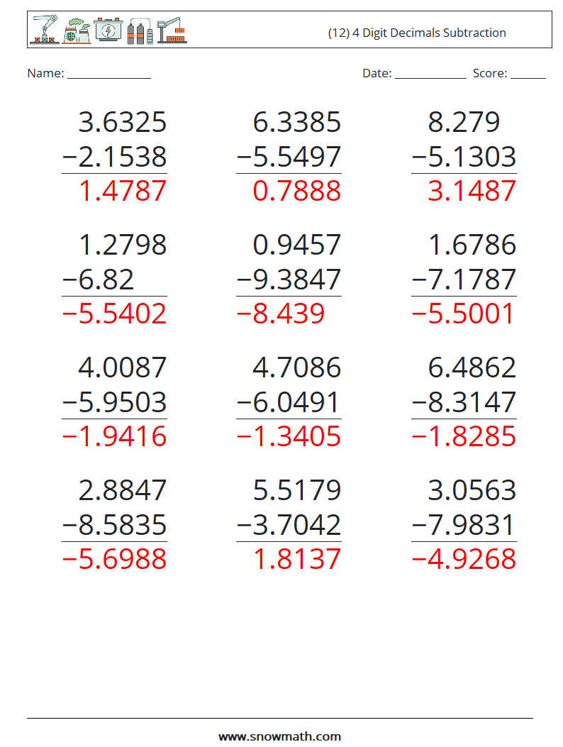 (12) 4 Digit Decimals Subtraction Maths Worksheets 7 Question, Answer