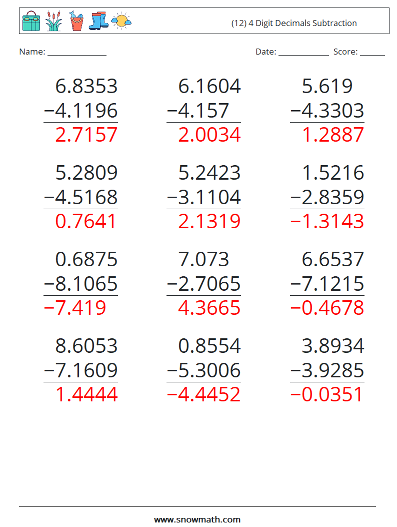 (12) 4 Digit Decimals Subtraction Maths Worksheets 8 Question, Answer