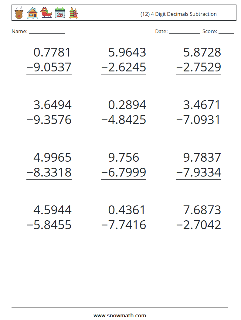 (12) 4 Digit Decimals Subtraction Maths Worksheets 9