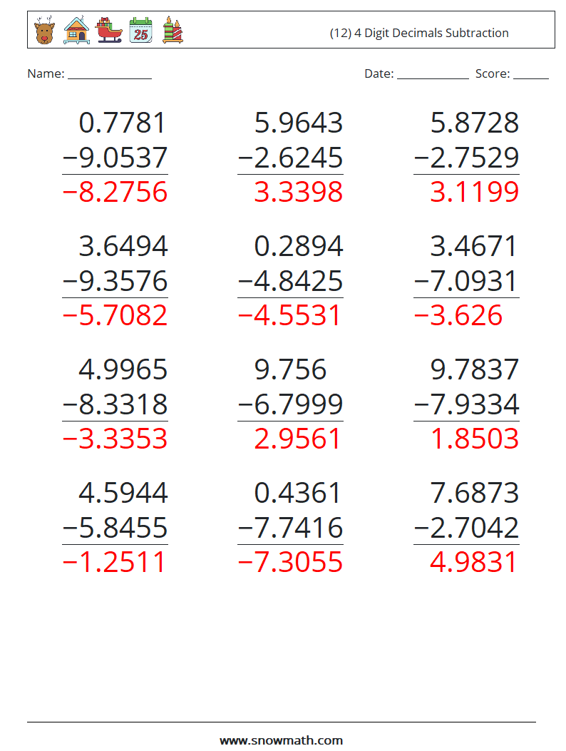 (12) 4 Digit Decimals Subtraction Maths Worksheets 9 Question, Answer
