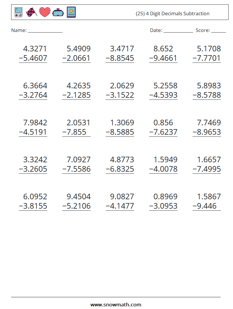 (25) 4 Digit Decimals Subtraction Maths Worksheets 1