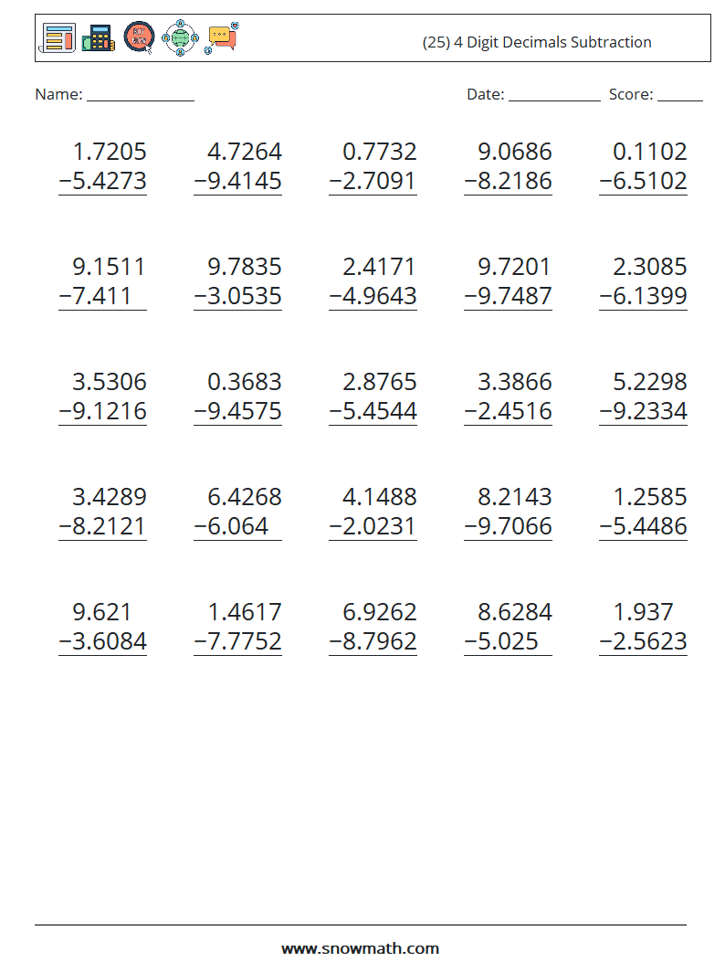 (25) 4 Digit Decimals Subtraction Maths Worksheets 12