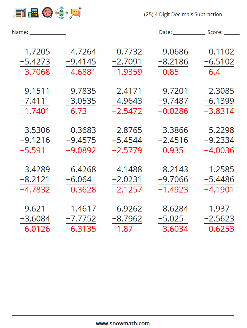 (25) 4 Digit Decimals Subtraction Maths Worksheets 12 Question, Answer