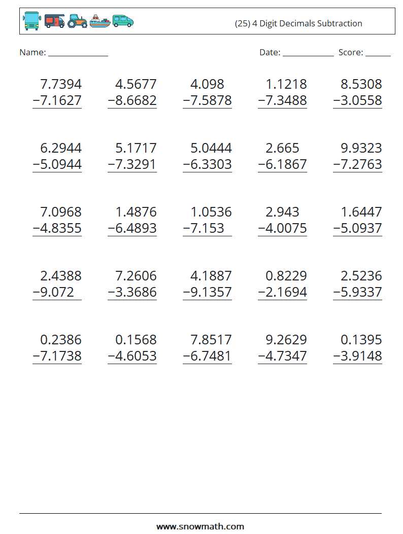 (25) 4 Digit Decimals Subtraction Maths Worksheets 15