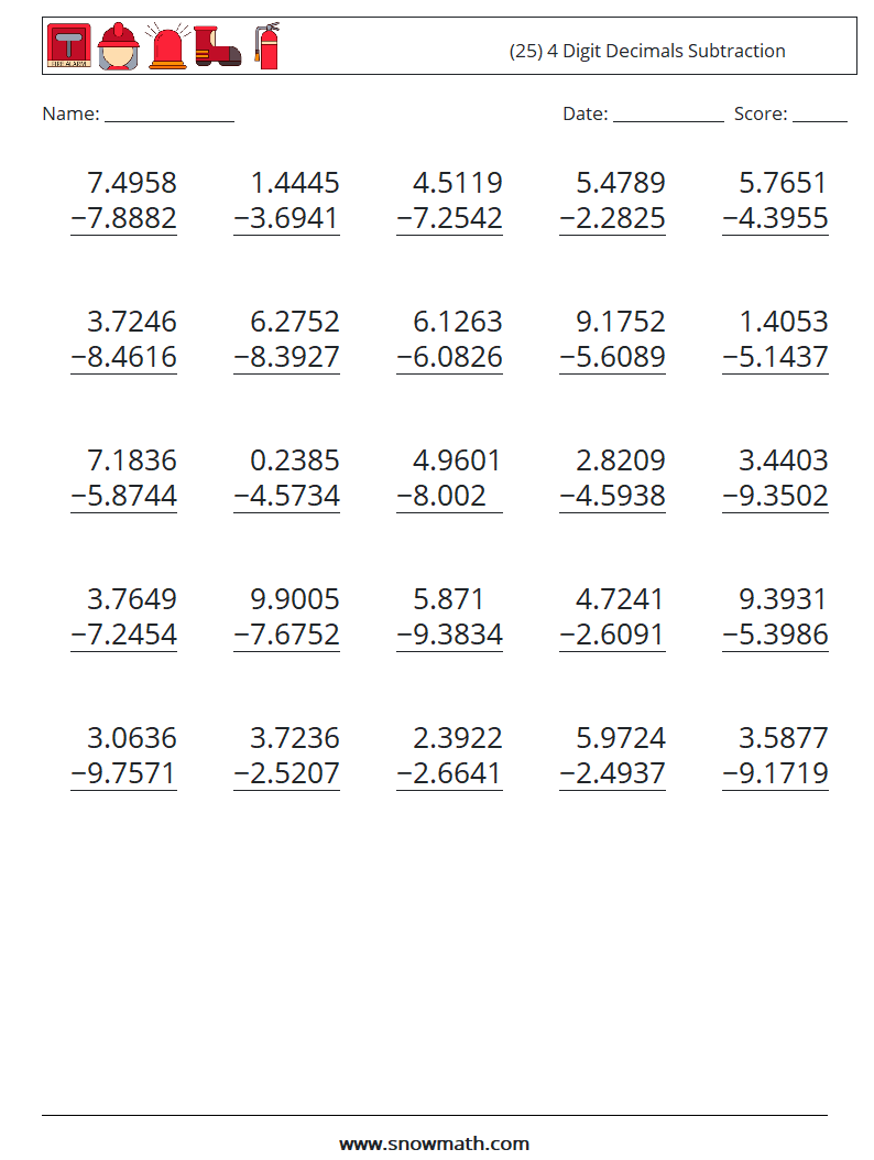 (25) 4 Digit Decimals Subtraction Maths Worksheets 17