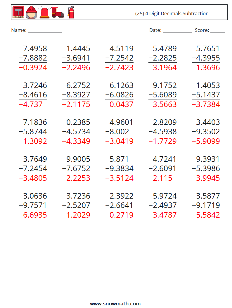 (25) 4 Digit Decimals Subtraction Maths Worksheets 17 Question, Answer