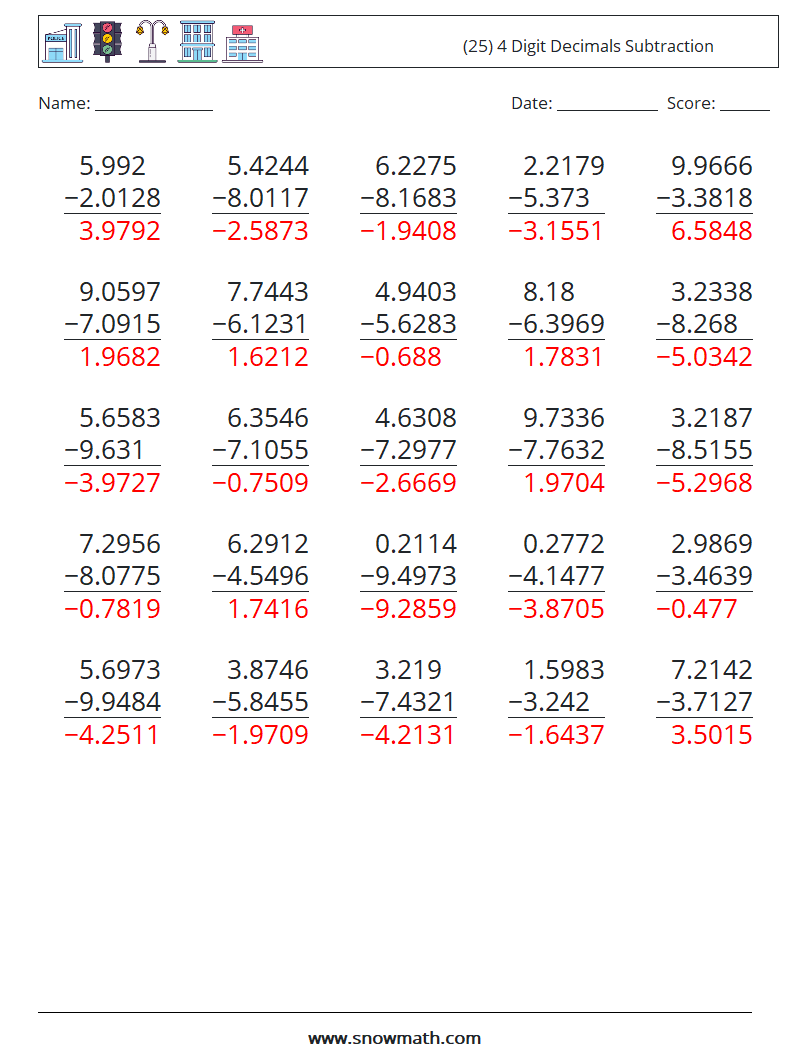 (25) 4 Digit Decimals Subtraction Maths Worksheets 18 Question, Answer