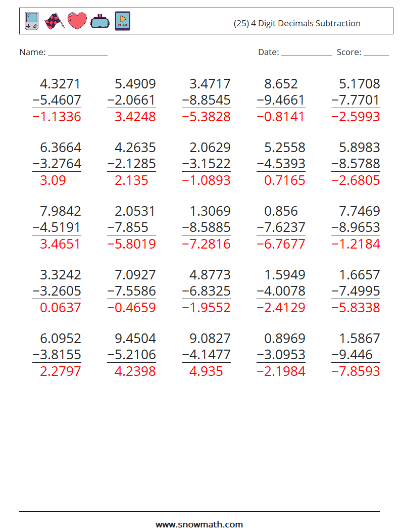 (25) 4 Digit Decimals Subtraction Maths Worksheets 1 Question, Answer