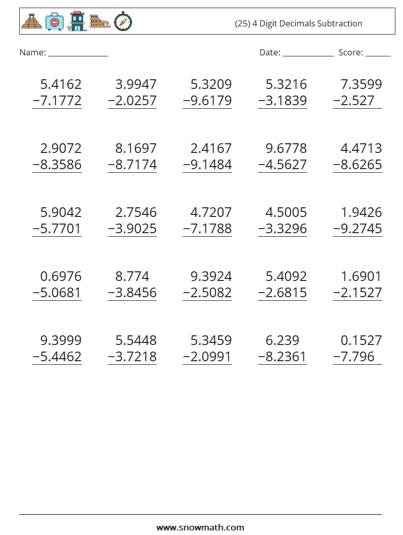 (25) 4 Digit Decimals Subtraction Maths Worksheets 3