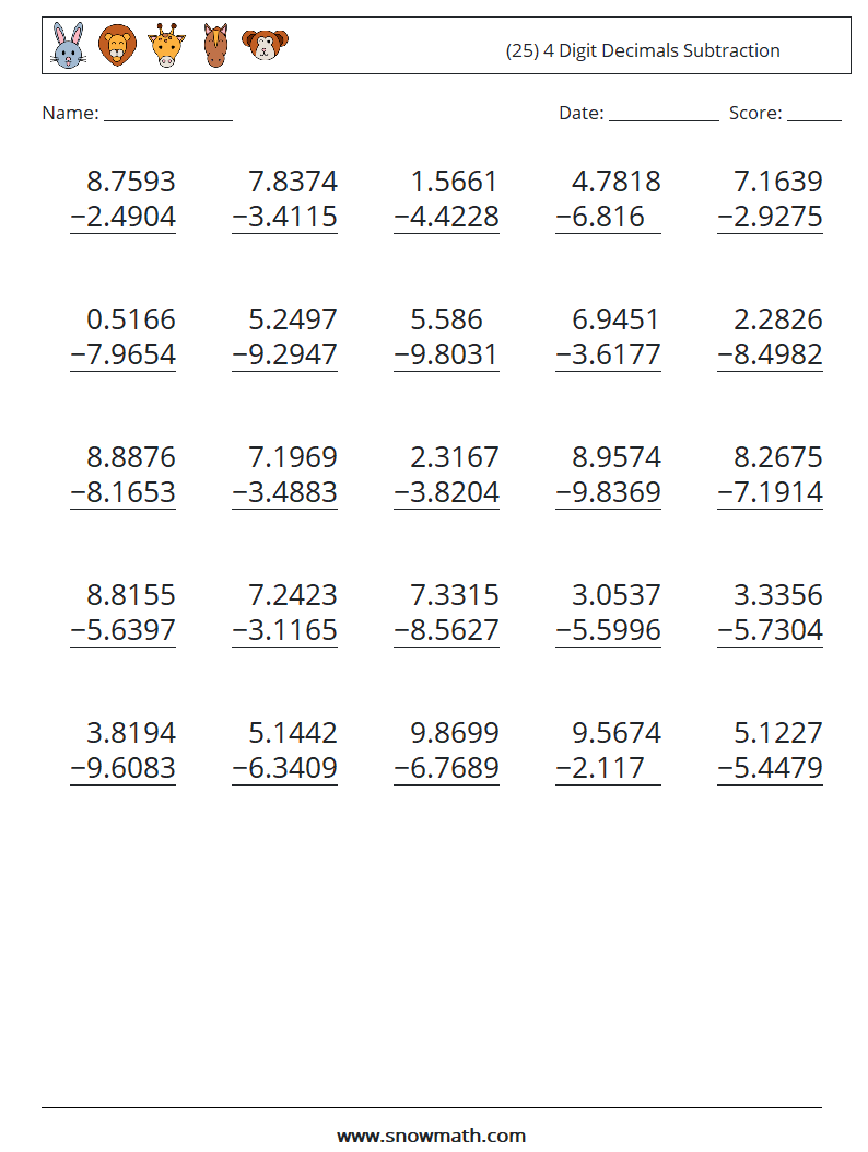 (25) 4 Digit Decimals Subtraction Maths Worksheets 4