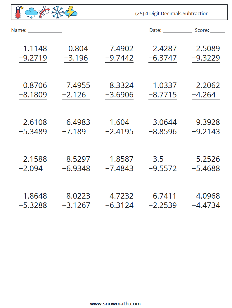 (25) 4 Digit Decimals Subtraction Maths Worksheets 5