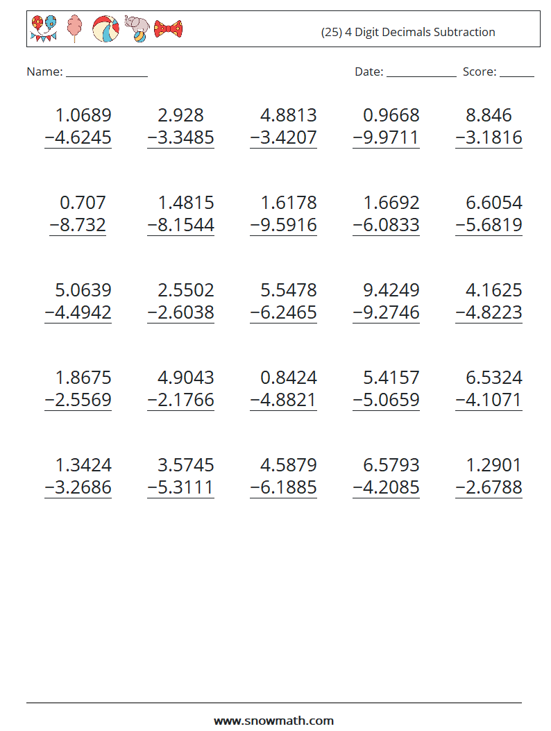 (25) 4 Digit Decimals Subtraction Maths Worksheets 6