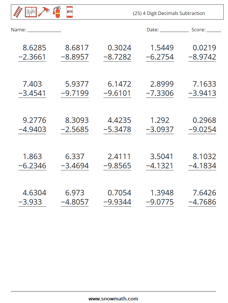 (25) 4 Digit Decimals Subtraction Maths Worksheets 7