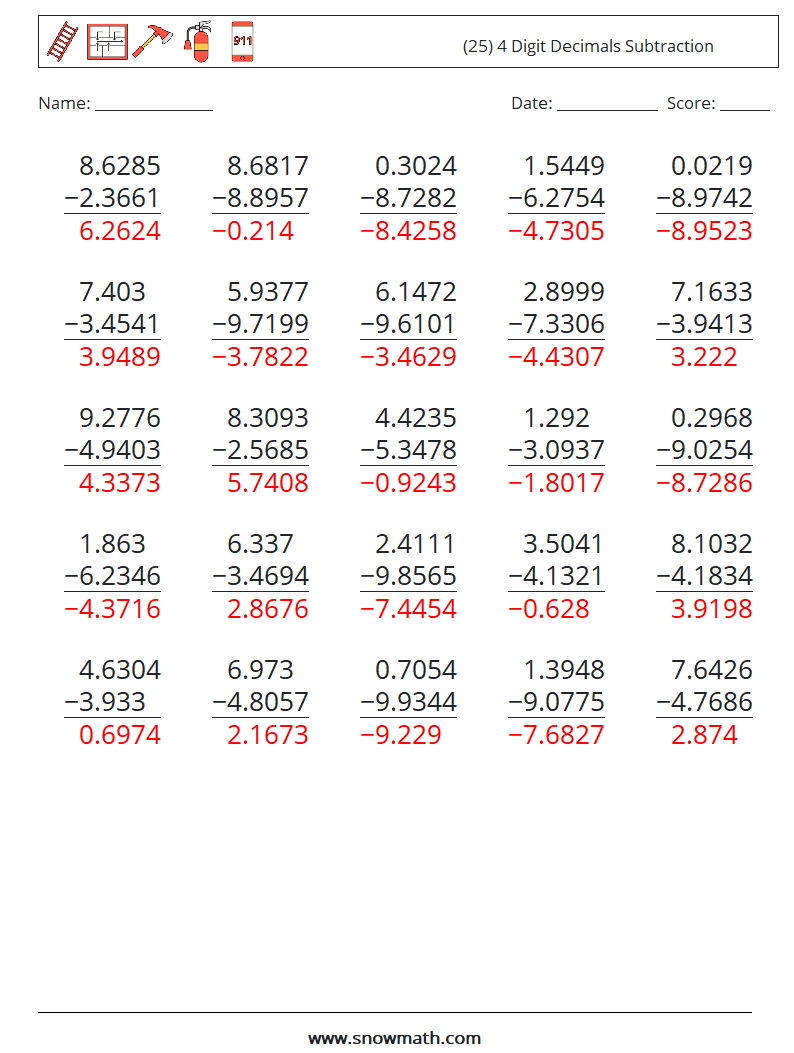 (25) 4 Digit Decimals Subtraction Maths Worksheets 7 Question, Answer