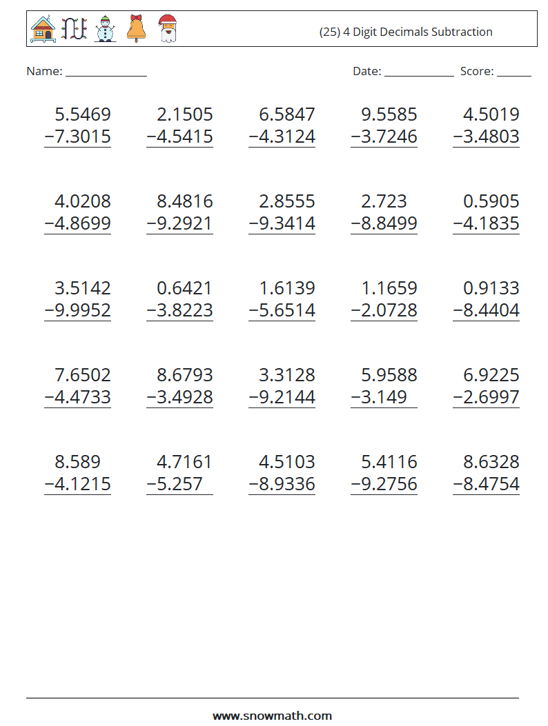 (25) 4 Digit Decimals Subtraction Maths Worksheets 8