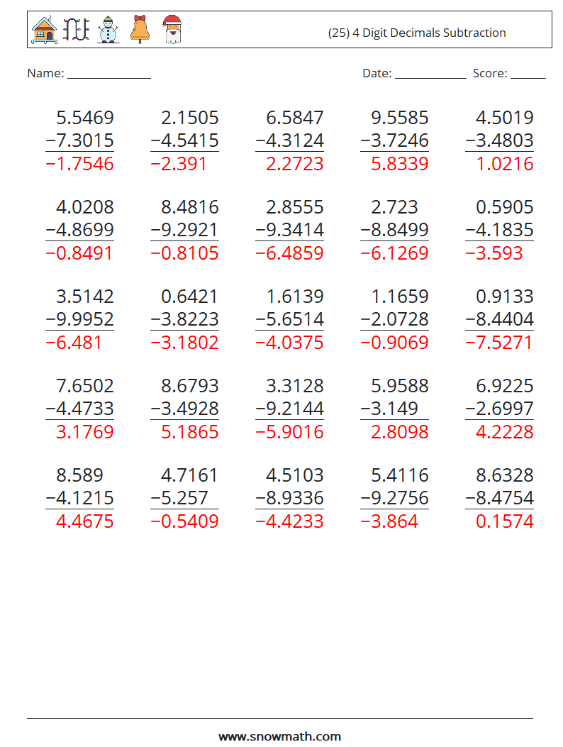 (25) 4 Digit Decimals Subtraction Maths Worksheets 8 Question, Answer